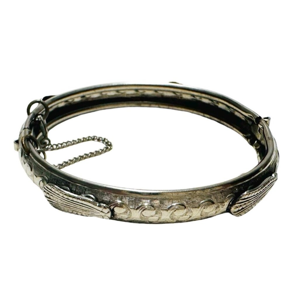 FREIRICH Silver Hinged Bangle Bracelet Swirl Pattern With Leaves & Safety Chain